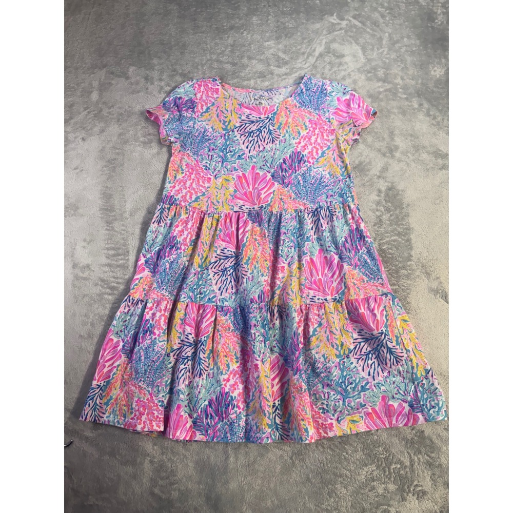 Lilly Pulitzer Girls Pink Blue Coral Reef Print Tiered Knit Dress Size L 8-10